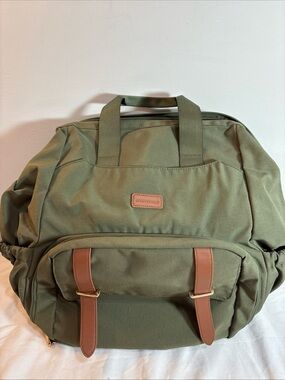 Mommore Brand Olive Green Canvas Travel Backpack with Brown Trim